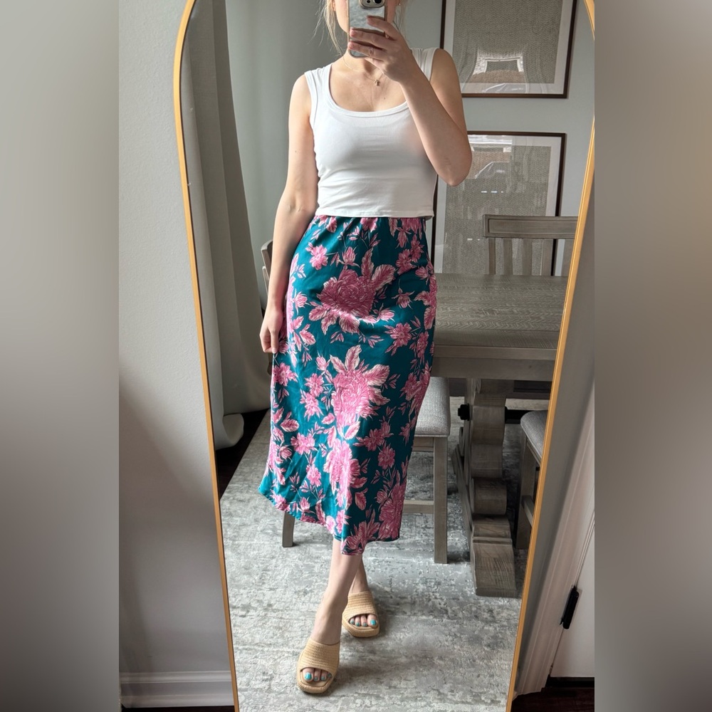 Floral Teal and Pink Midi Skirt - Picture 9 of 14